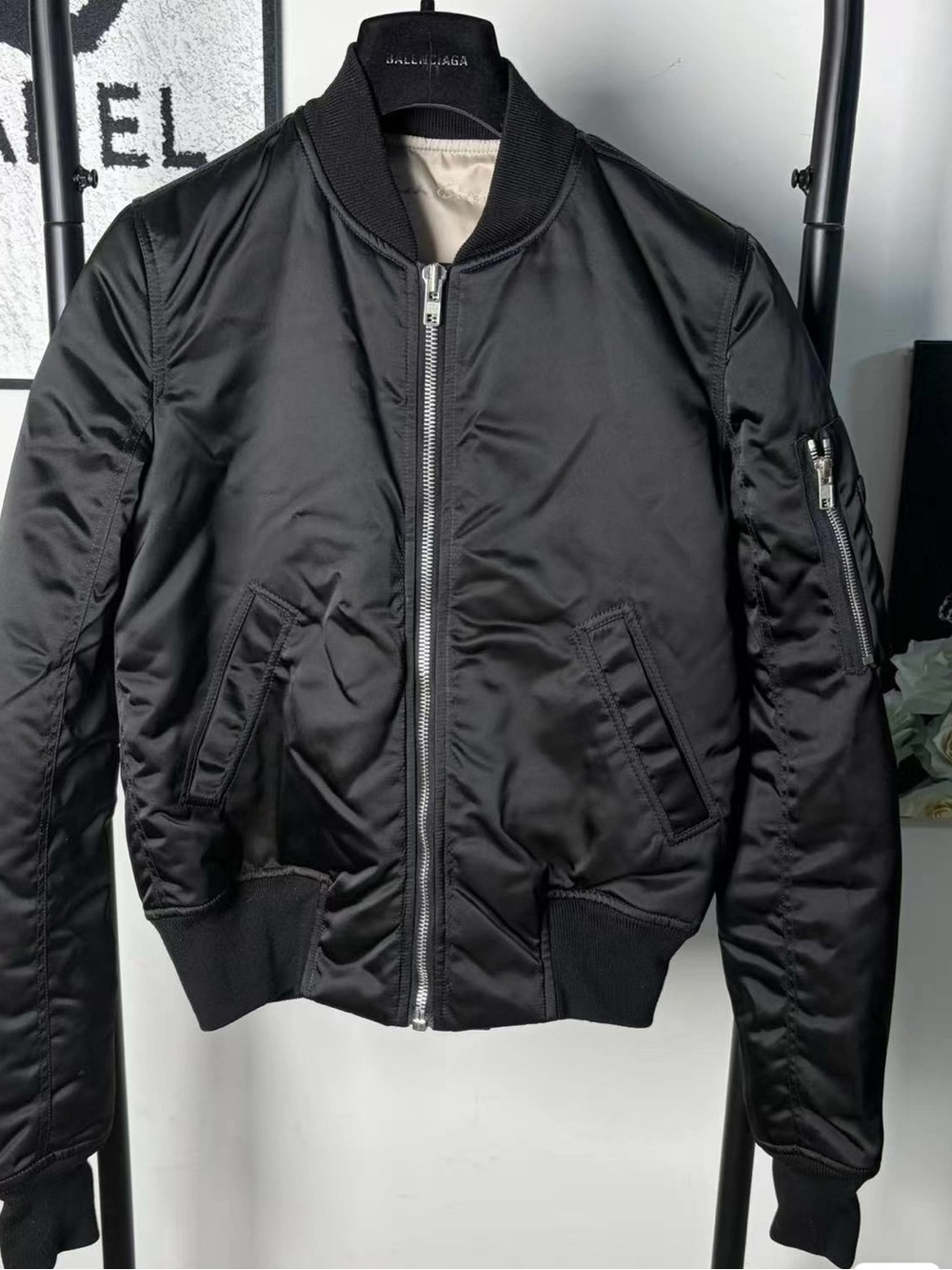 Rick Owens Black Bomber Jacket with Silver Hardware